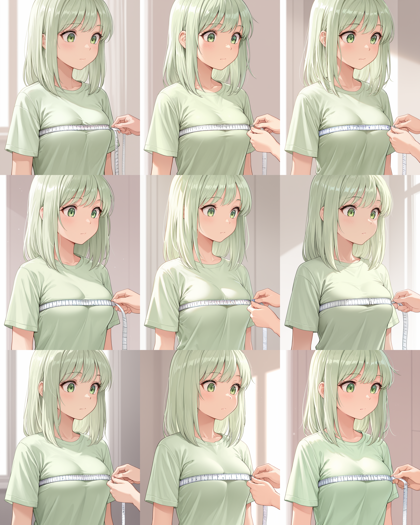 SteinIllustrious v16 - 巻き尺で採寸されているシーンを表現するプロンプト、画像生成結果:画像12