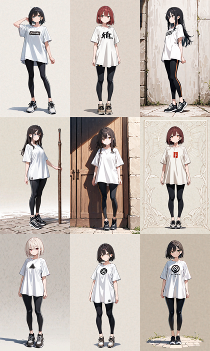 Nova Anime XL v7.0 - 丈の長い (膝上程度の丈の) Tシャツのプロンプト:画像4
