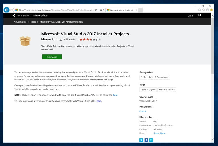Microsoft Visual Studio 2017 Installer Projects をインストールする:画像1