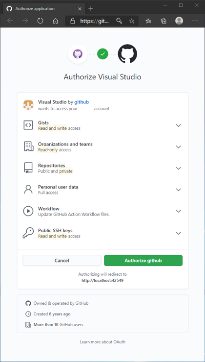 Visual Studio でGitHubにサインインする (チームエクスプローラーを利用):画像5