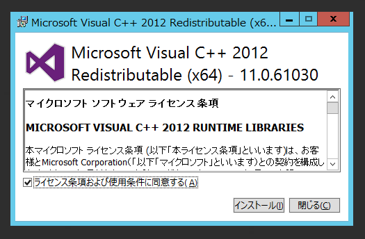 Visual Studio 2012 Visual C++ 再頒布可能パッケージ のインストール:画像4
