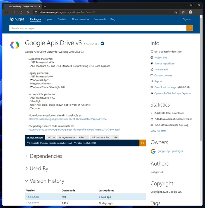 Google.Apis.Drive.V3 パッケージをインストールする:画像1