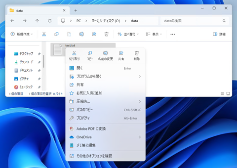 Windows 11のエクスプローラーの右クリックのポップアップメニューにファイルの「コピー」「切り取り」「貼り付け」メニューが無い:画像6