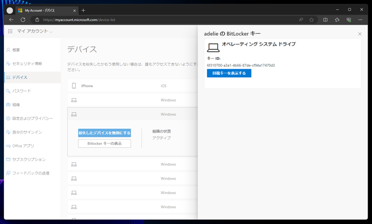 BitLocker 回復キーを確認する:画像4