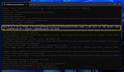 tensorflowを利用するアプリケーションを実行すると、Could not load dynamic library 'cudart64_110.dll' エラーメッセージが表示される:画像1