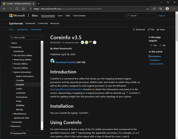 Coreinfoをダウンロード、インストールする:画像1