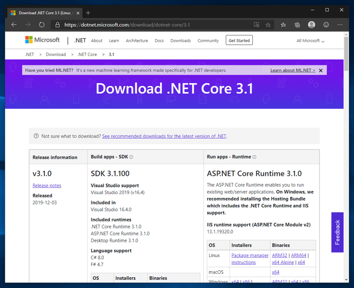 .NET Core SDK 3.1 をインストールする:画像2