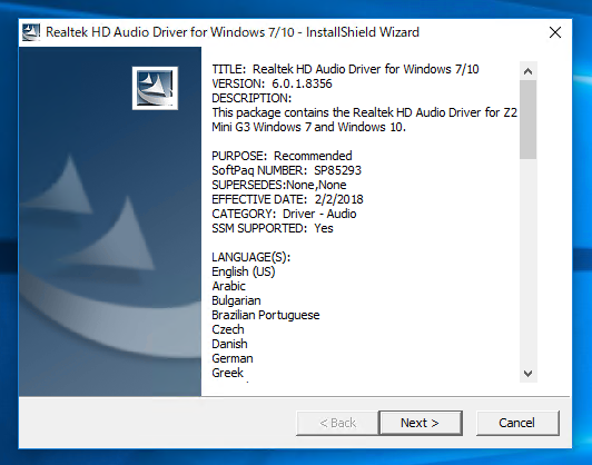 Realtek HD Audio Driver のインストール:画像1