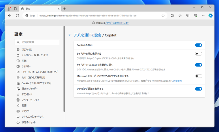 Microsoft Edge のウィンドウ右側のサイドバーを非表示にする:画像10