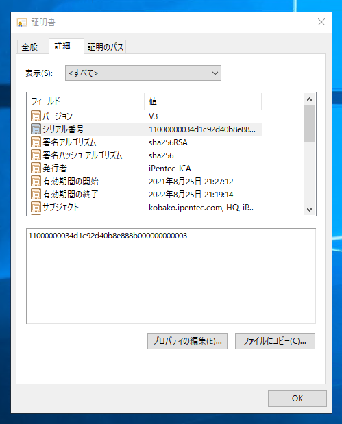証明書のプロパティダイアログで「この証明書に対応する秘密キーを持っています。」が表示されない - 追加したサーバー証明書がIISで認識できない (一覧から消えてしまう):画像10