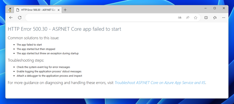 HTTP Error 500.30 - ASP.NET Core app failed to start が発生しASP.NET アプリケーションが実行できない:画像1