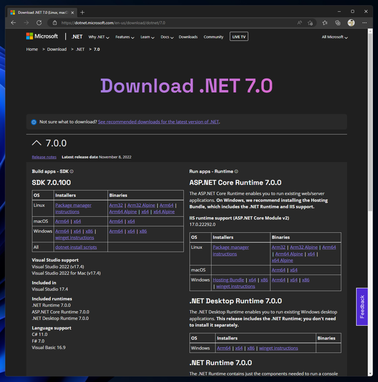 ASP.NET Core 7 Runtime Windows Hosting Bundleをインストールする:画像1