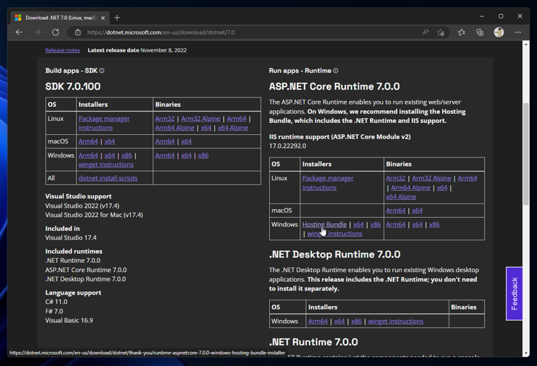 ASP.NET Core 7 Runtime Windows Hosting Bundleをインストールする:画像2