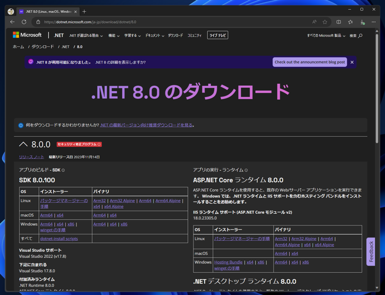 ASP.NET Core 8 Runtime Windows Hosting Bundleをインストールする:画像1